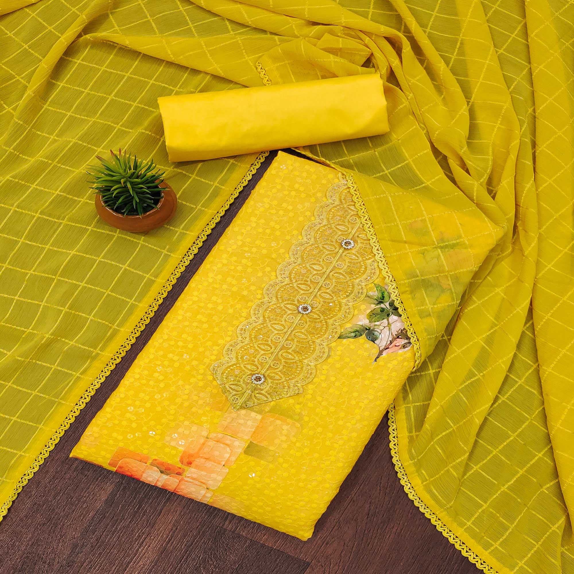 Yellow Schiffli Embroidered Cotton Blend Dress Material With Floral Digital Print