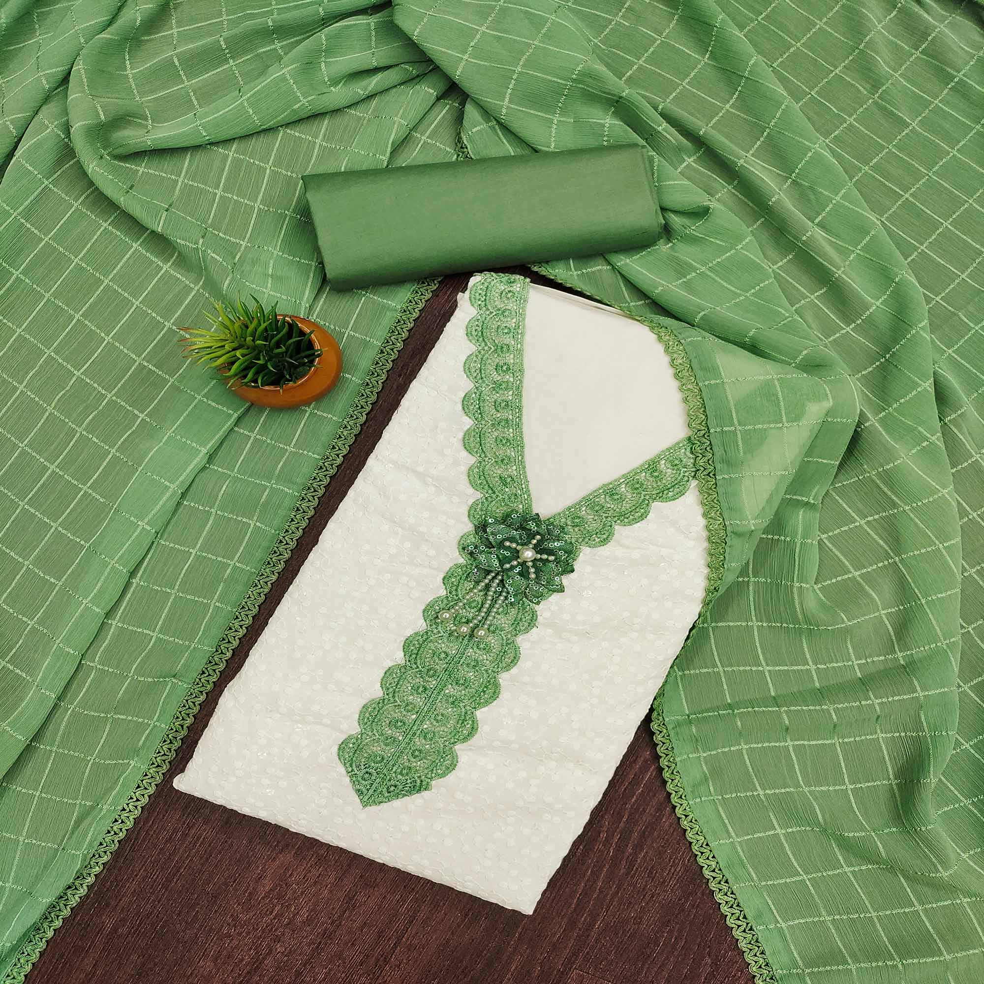 White & Green Cotton Blend Dress Material With Elegant Schiffli & Sequins Work