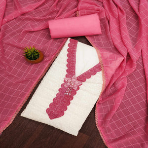 White & Pink Cotton Blend Dress Material With Elegant Schiffli & Sequins Work