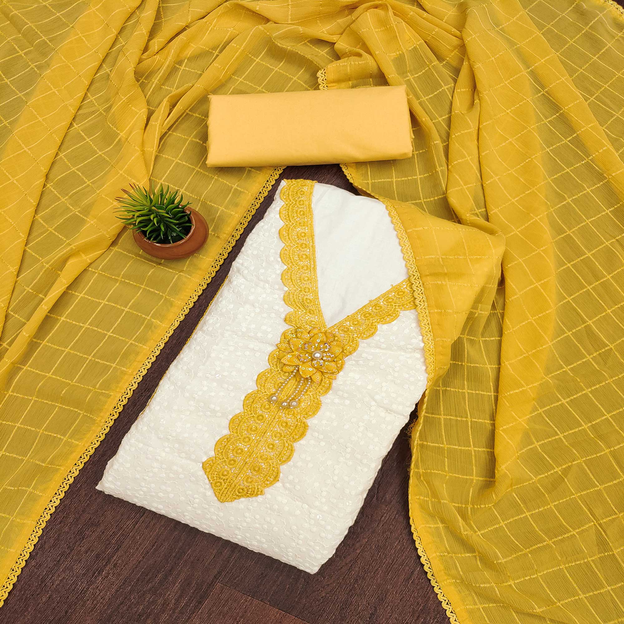 White & Yellow Cotton Blend Dress Material With Elegant Schiffli & Sequins Work