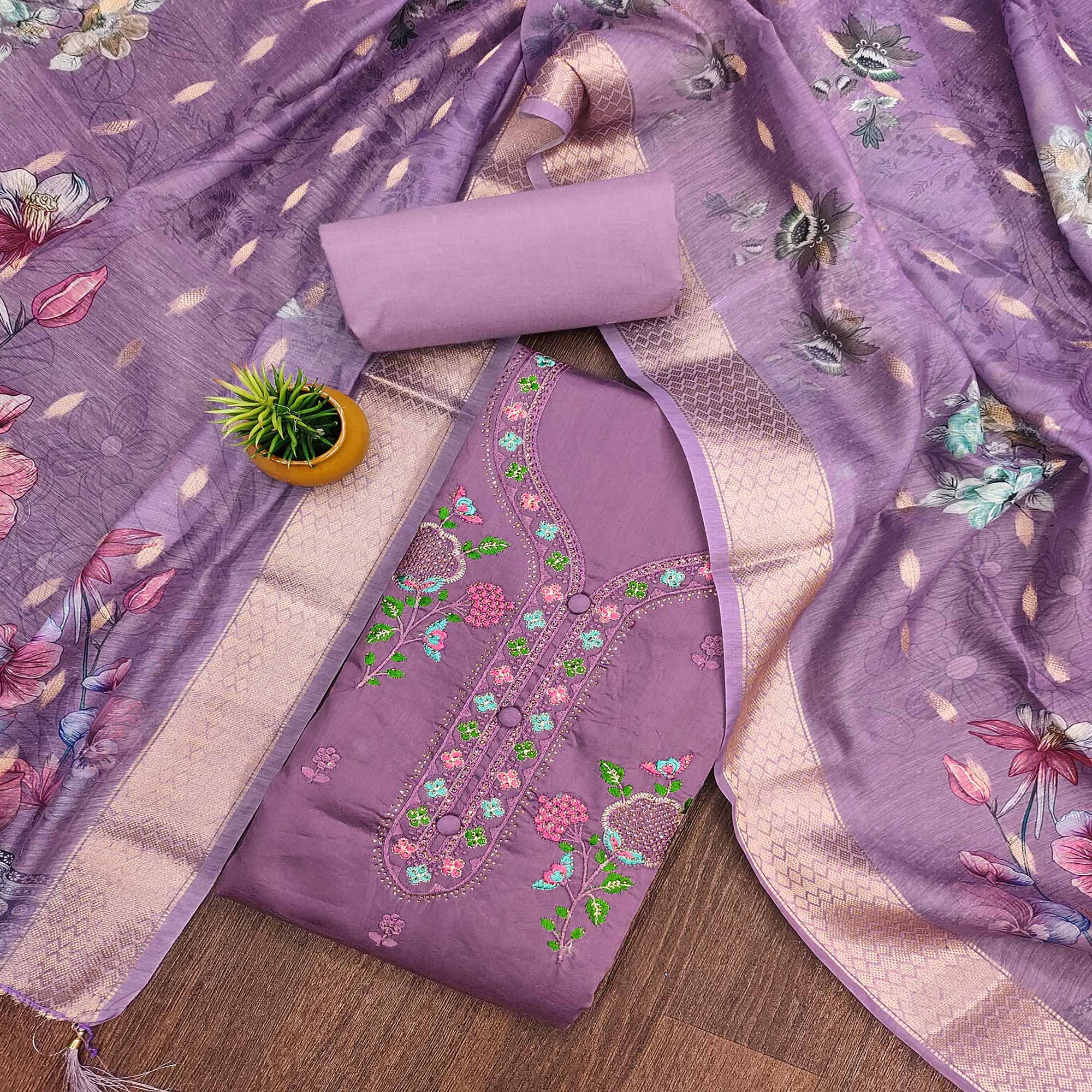 Elegant Lavender Pure Cotton Dress Material Showcasing Fine Floral Embroidery & Swarovski Work