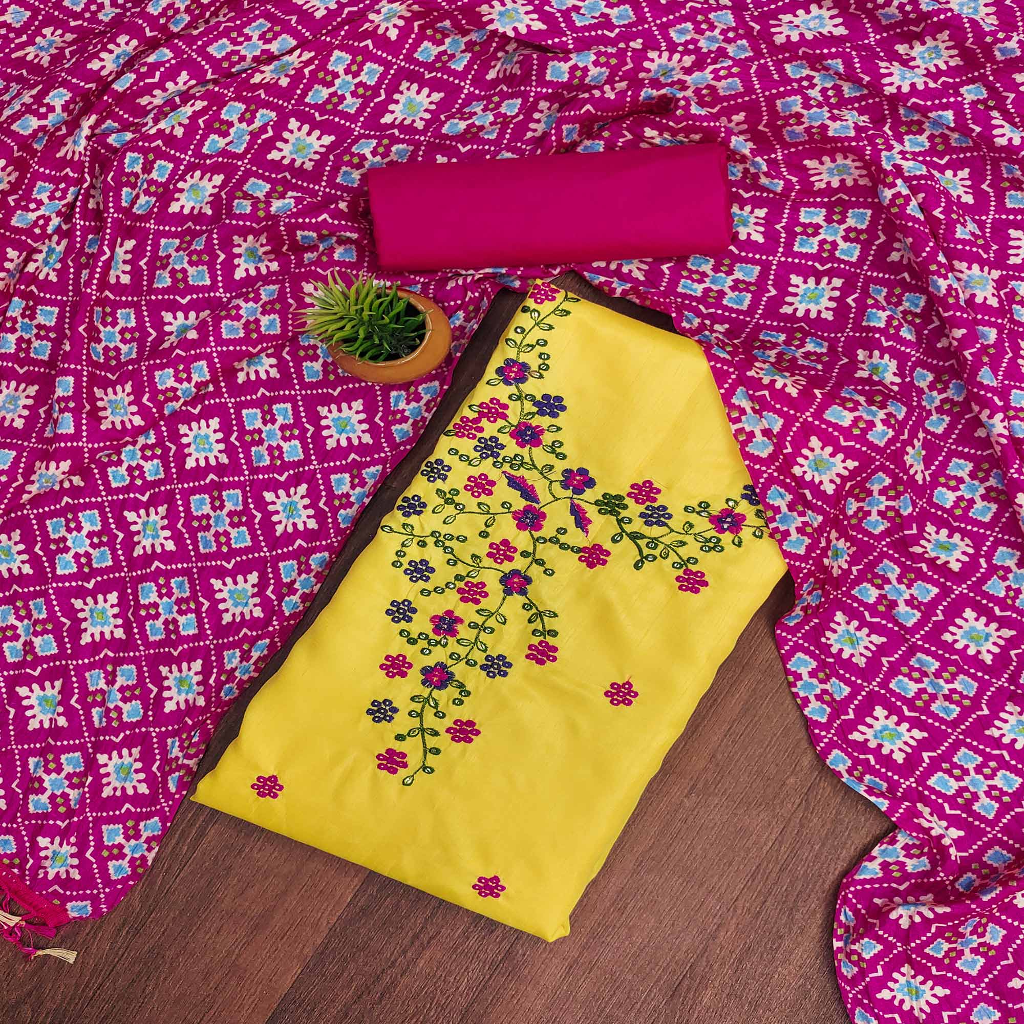 Yellow Floral Sequins Embroidered Cotton Silk Dress Material