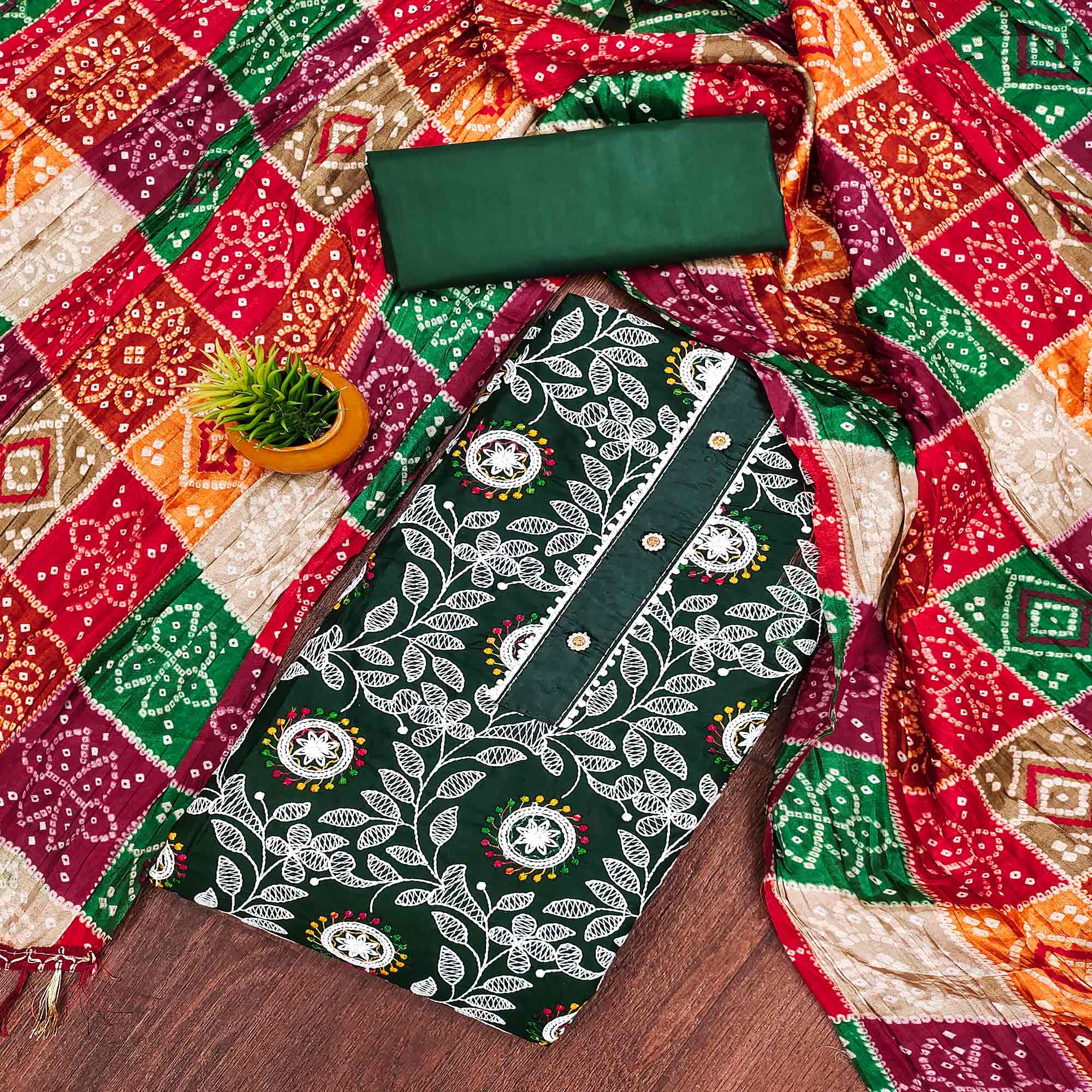 Green Floral Embroidered Cotton Blend Dress Material