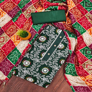 Green Floral Embroidered Cotton Blend Dress Material