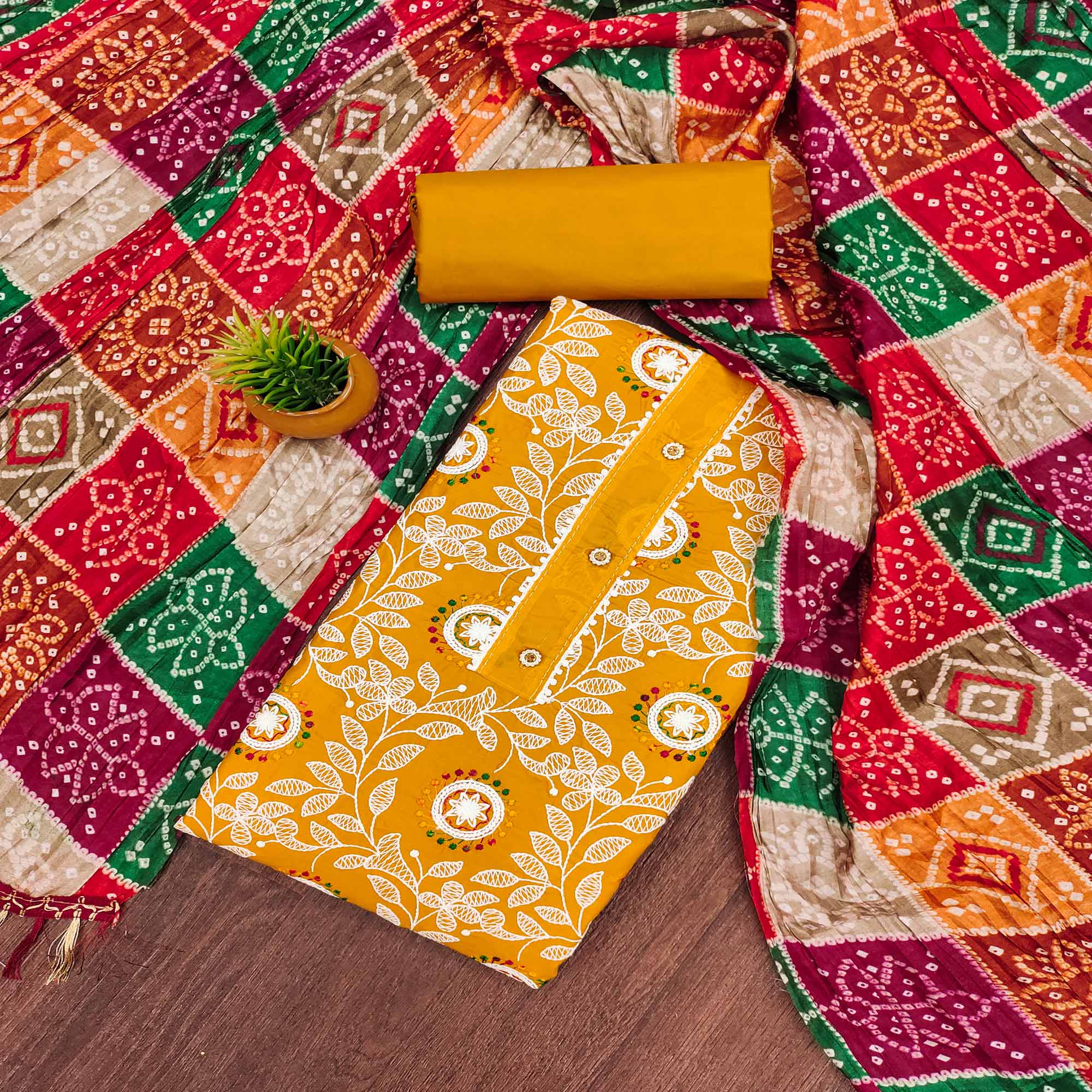 Mustard Floral Embroidered Cotton Blend Dress Material