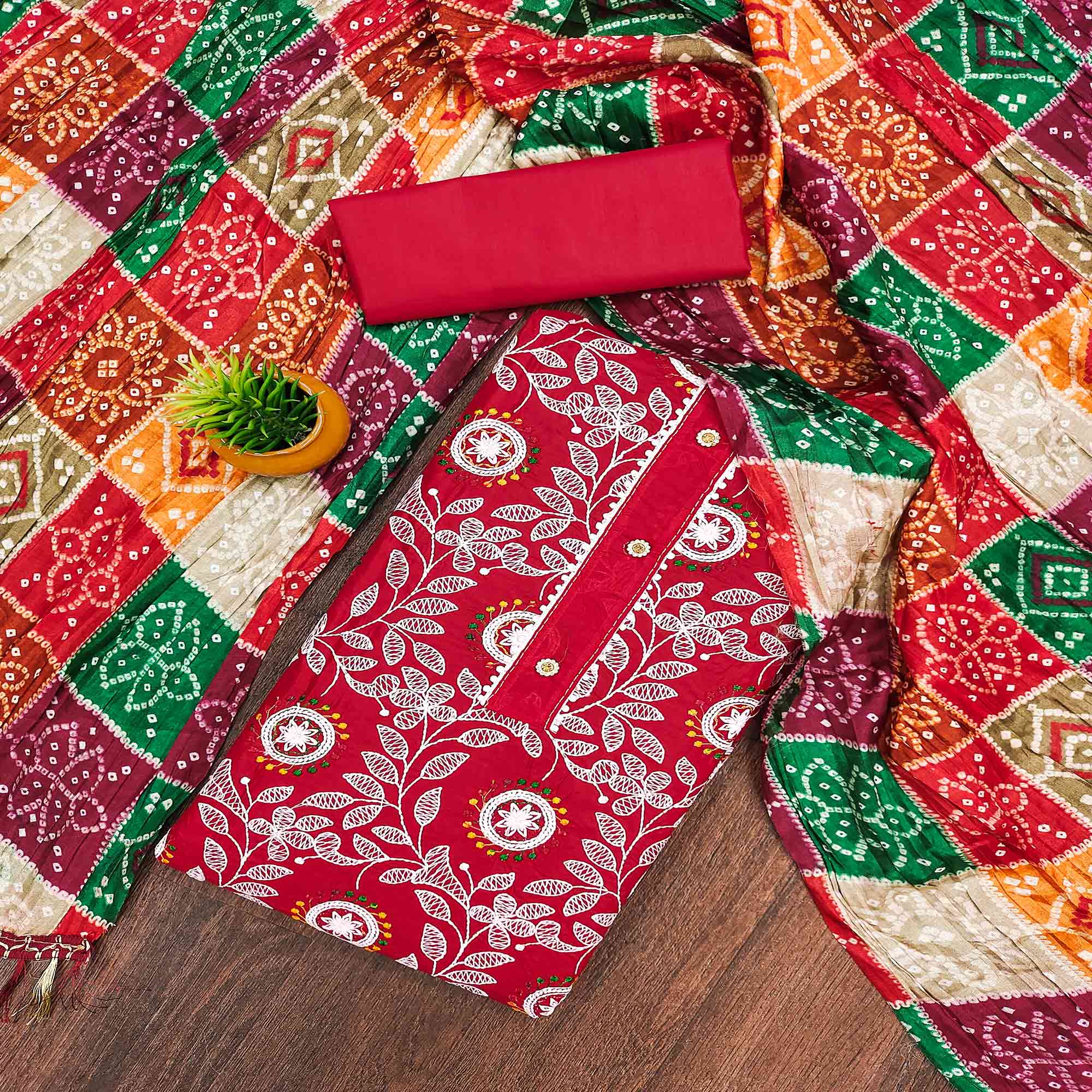 Red Floral Embroidered Cotton Blend Dress Material