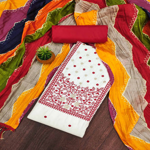 Cream & Red Floral Sequins Embroidered Cotton Silk Dress Material