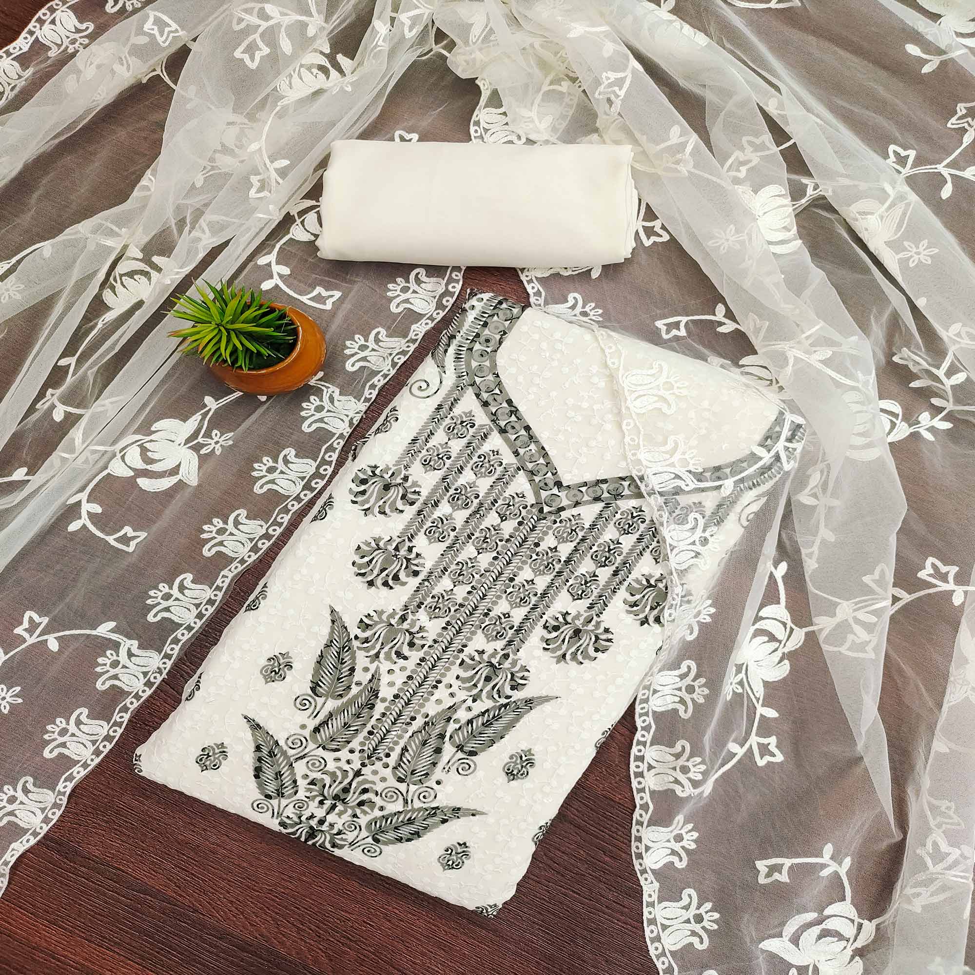 White & Black Schiffli Embroidered Georgette Dress Material With Floral Digital Print