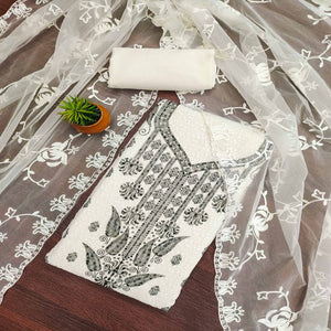White & Black Schiffli Embroidered Georgette Dress Material With Floral Digital Print