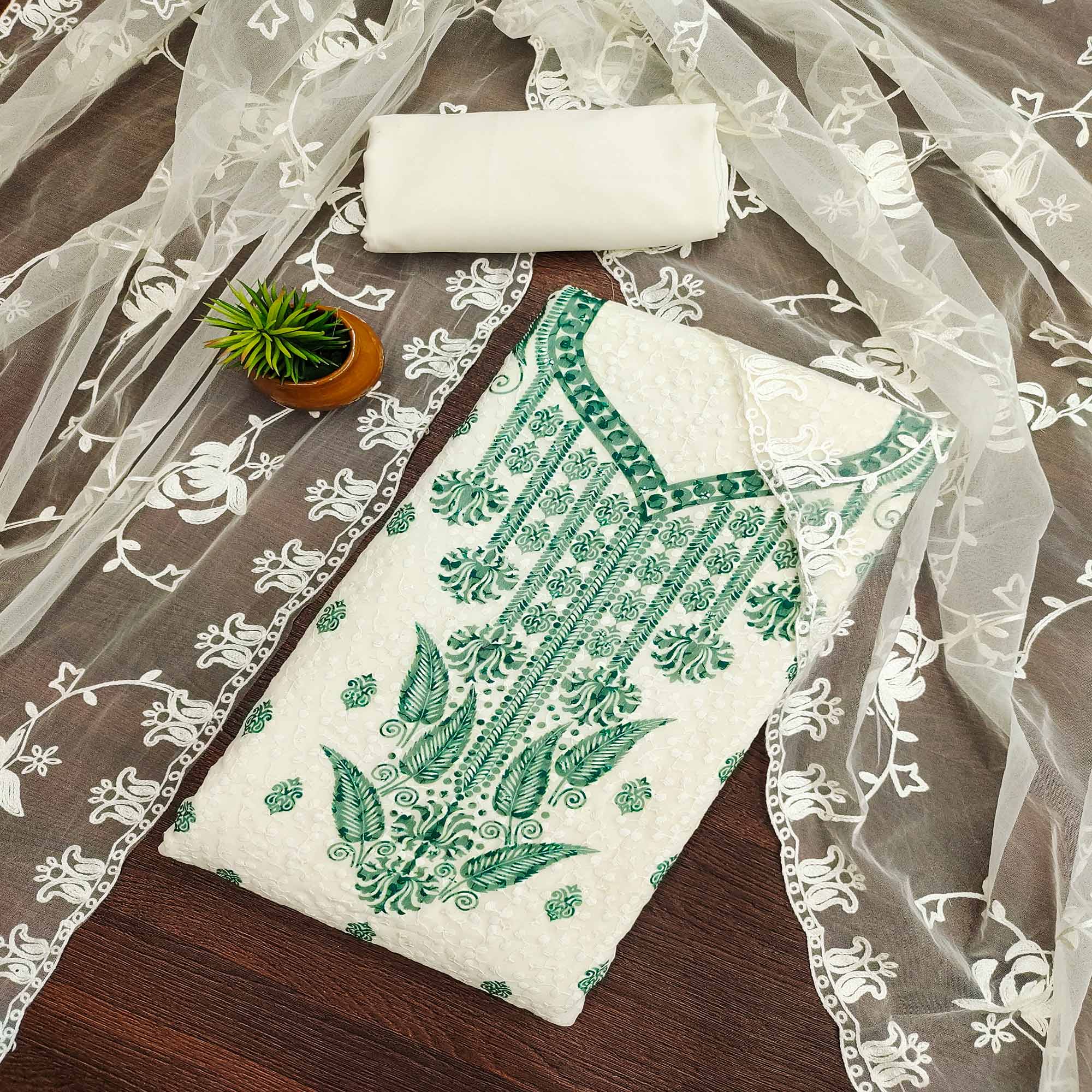 White & Rama Green Schiffli Embroidered Georgette Dress Material With Floral Digital Print