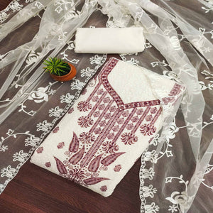 White &  Wine Schiffli Embroidered Georgette Dress Material With Floral Digital Print