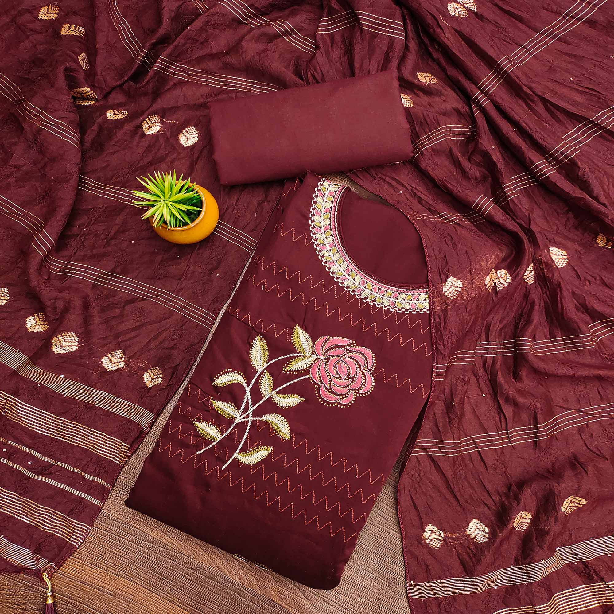 Maroon Cotton Blend Dress Material Adorned With Swarovski Accents and Floral Threadwork
