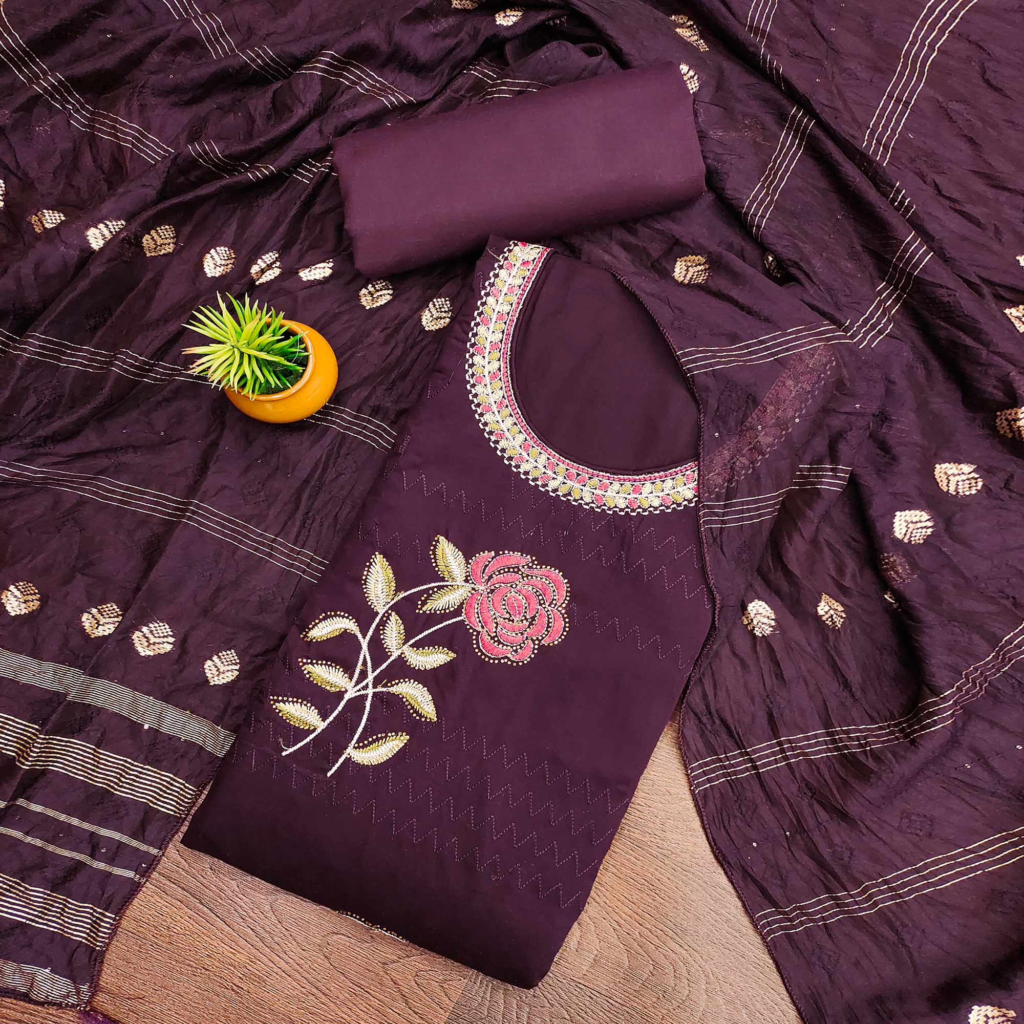 Wine Cotton Blend Dress Material Adorned With Swarovski Accents and Floral Threadwork