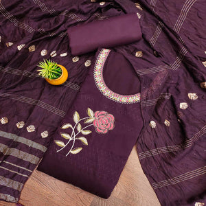 Wine Cotton Blend Dress Material Adorned With Swarovski Accents and Floral Threadwork