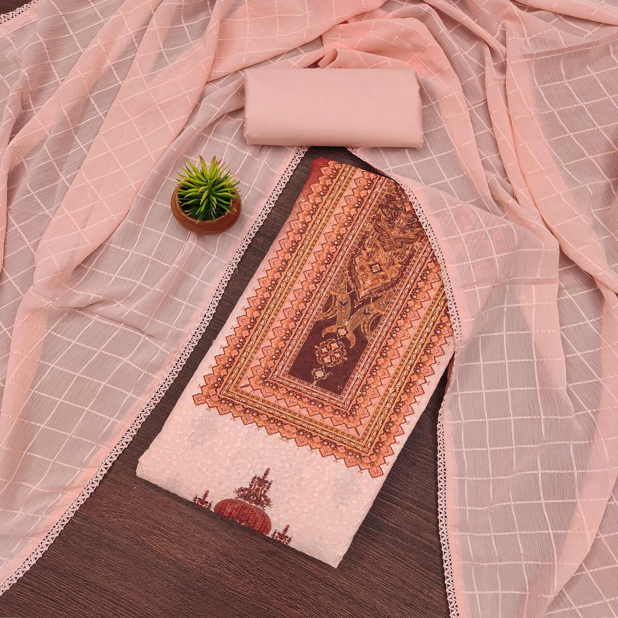 Peach Cotton Blend Dress Material With Elegant Schiffli Work & Artistic Digital Print