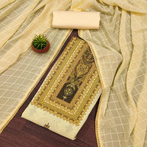 Yellow Cotton Blend Dress Material With Elegant Schiffli Work & Artistic Digital Print