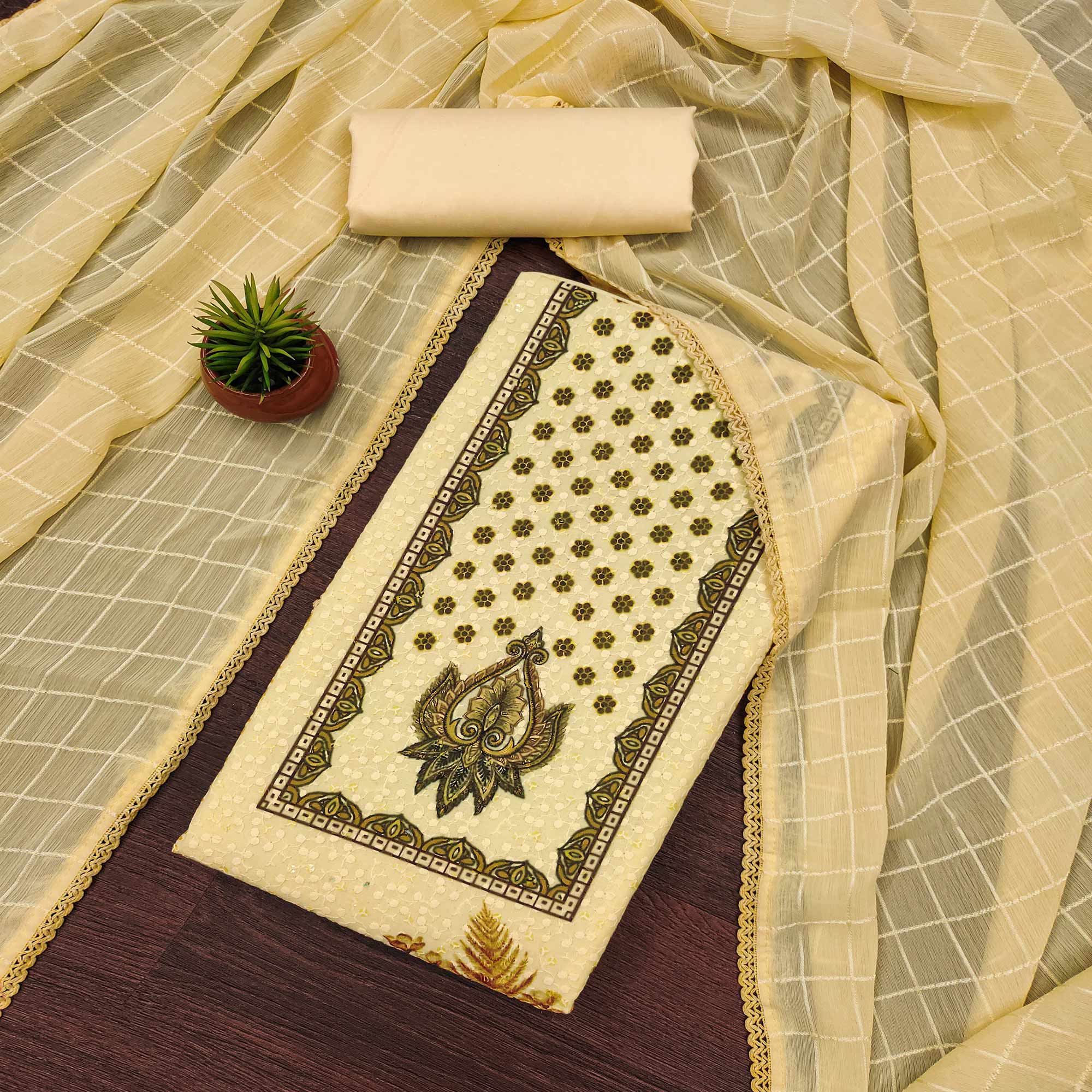 Yellow Schiffli Embroidered Cotton Blend Dress Material With Floral Digital Print