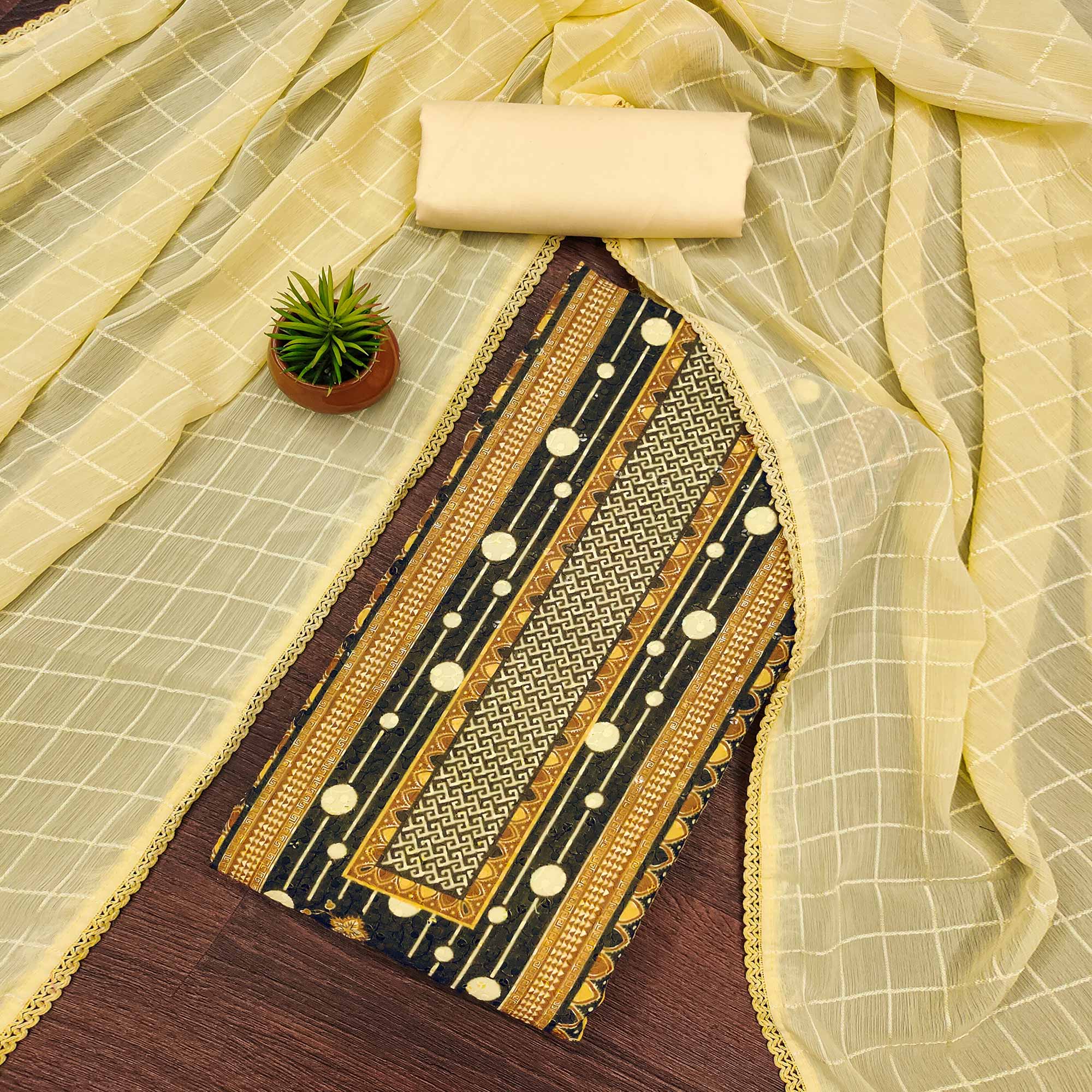 Yellow Cotton Blend Dress Material With Schiffli Embroidery & Floral Digital Print