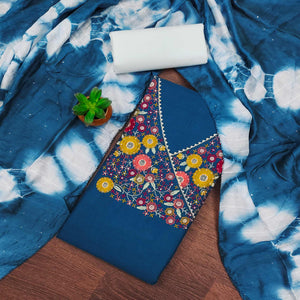 Blue Cotton Blend Dress Material With Floral Thread Embroidery