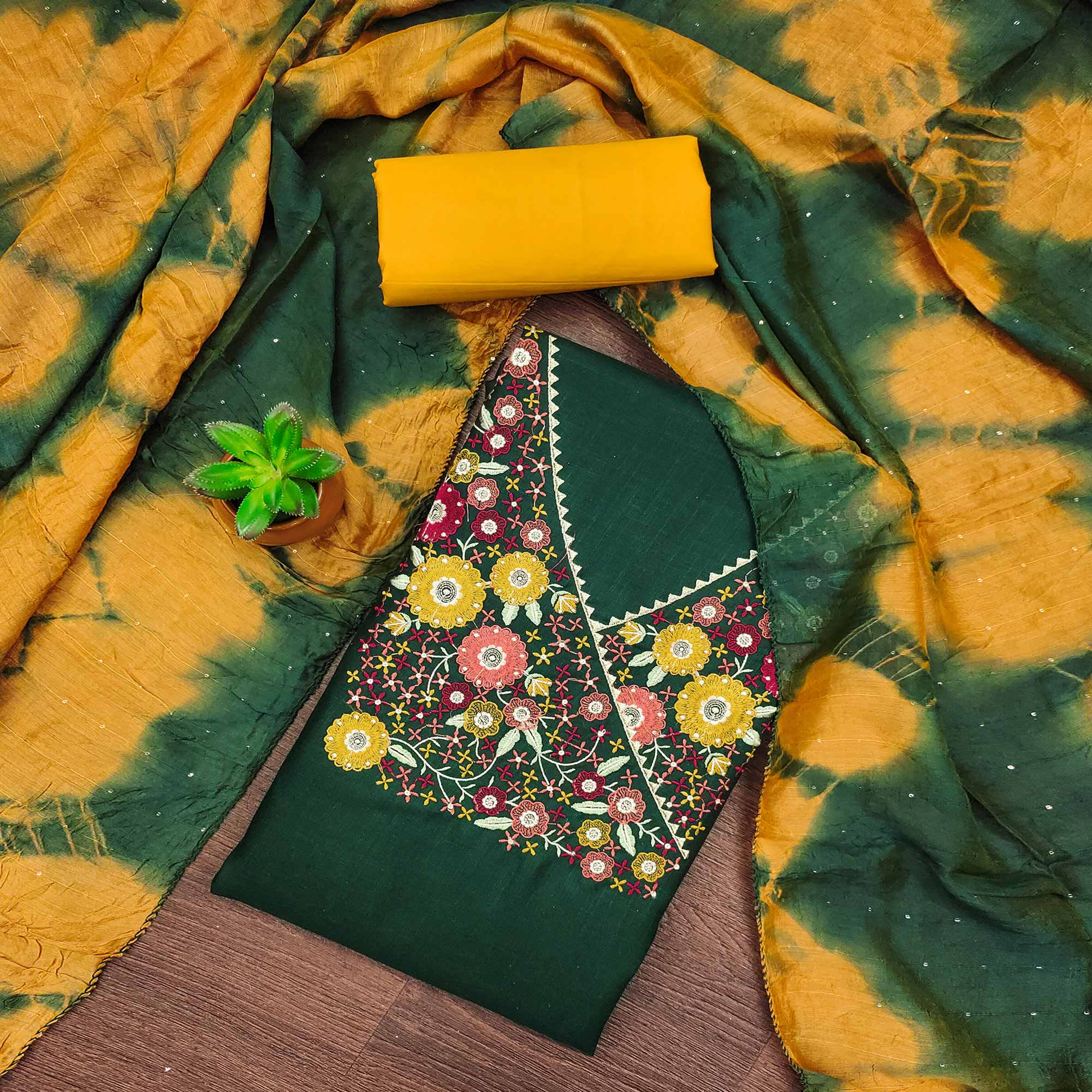 Green Cotton Blend Dress Material With Floral Thread Embroidery