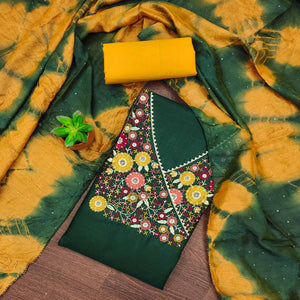 Green Cotton Blend Dress Material With Floral Thread Embroidery