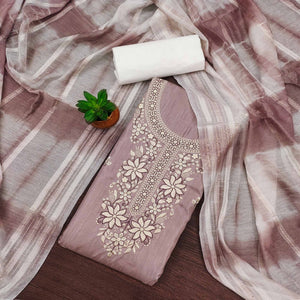 Dusty Rose Pink Floral Sequins Embroidered Cotton Silk Dress Material