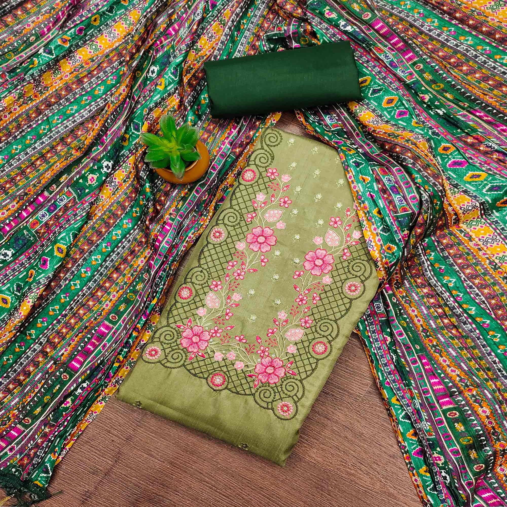 Green Floral Sequins Embroidered Cotton Silk Dress Material