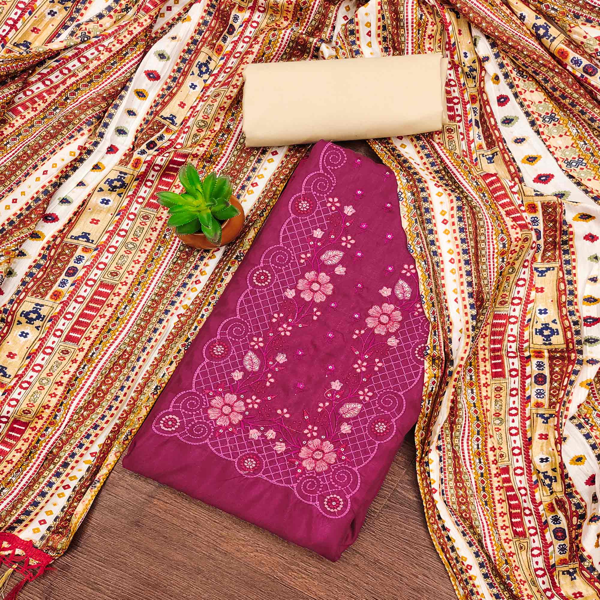 Pink Floral Sequins Embroidered Cotton Silk Dress Material