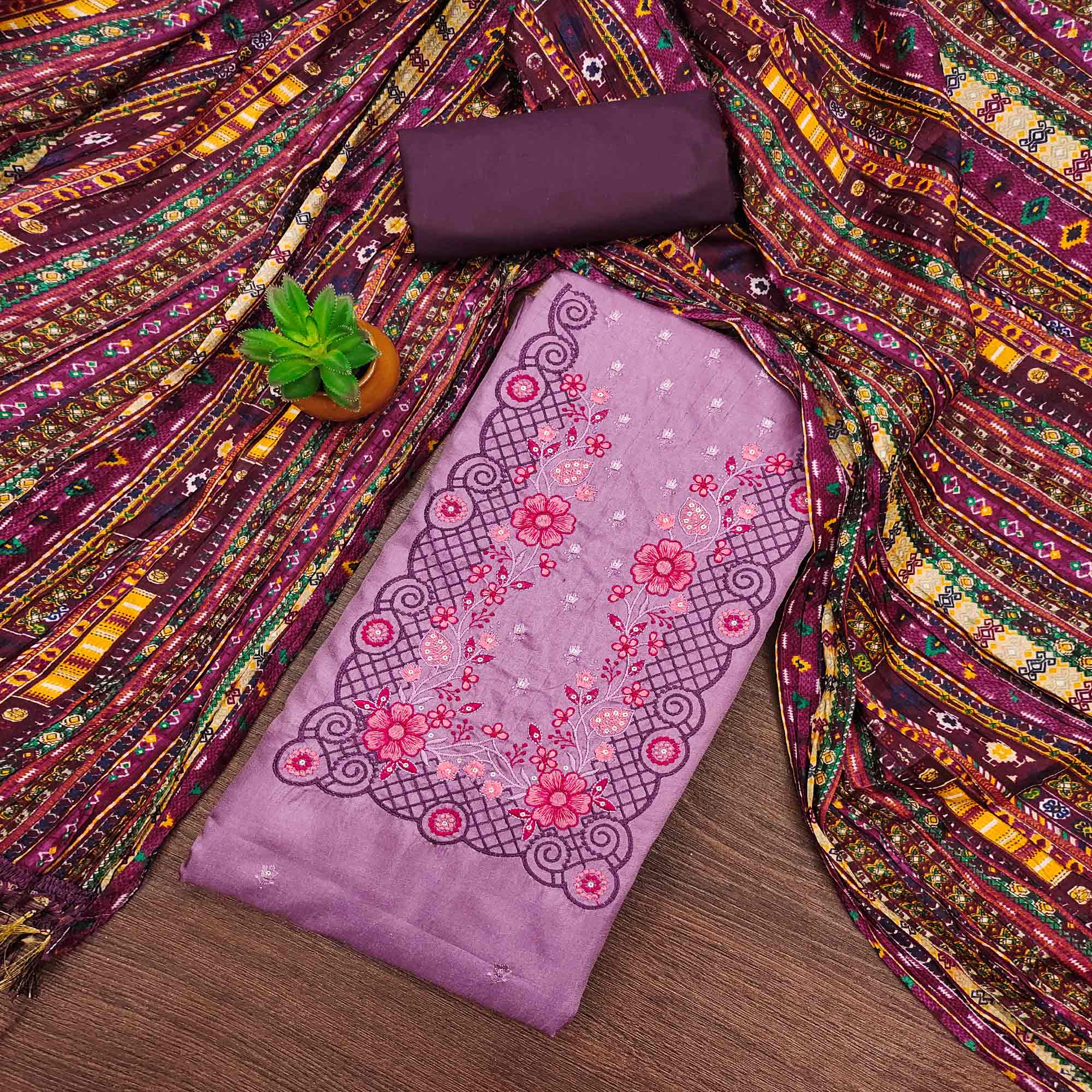 Purple Floral Sequins Embroidered Cotton Silk Dress Material