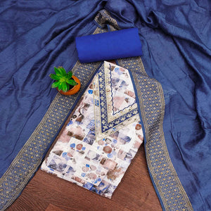 Blue Digital Printed Cotton Blend Dress Material With Intricate Neck Embroidery