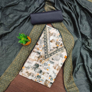 Grey Digital Printed Cotton Blend Dress Material With Intricate Neck Embroidery