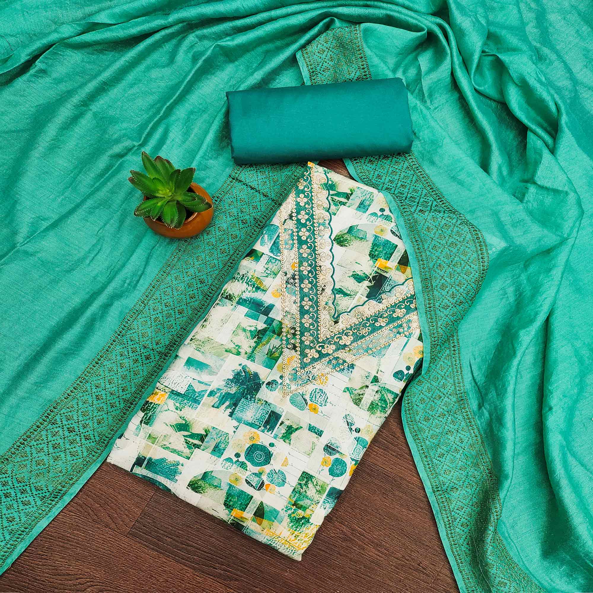 Rama Green Digital Printed Cotton Blend Dress Material With Intricate Neck Embroidery