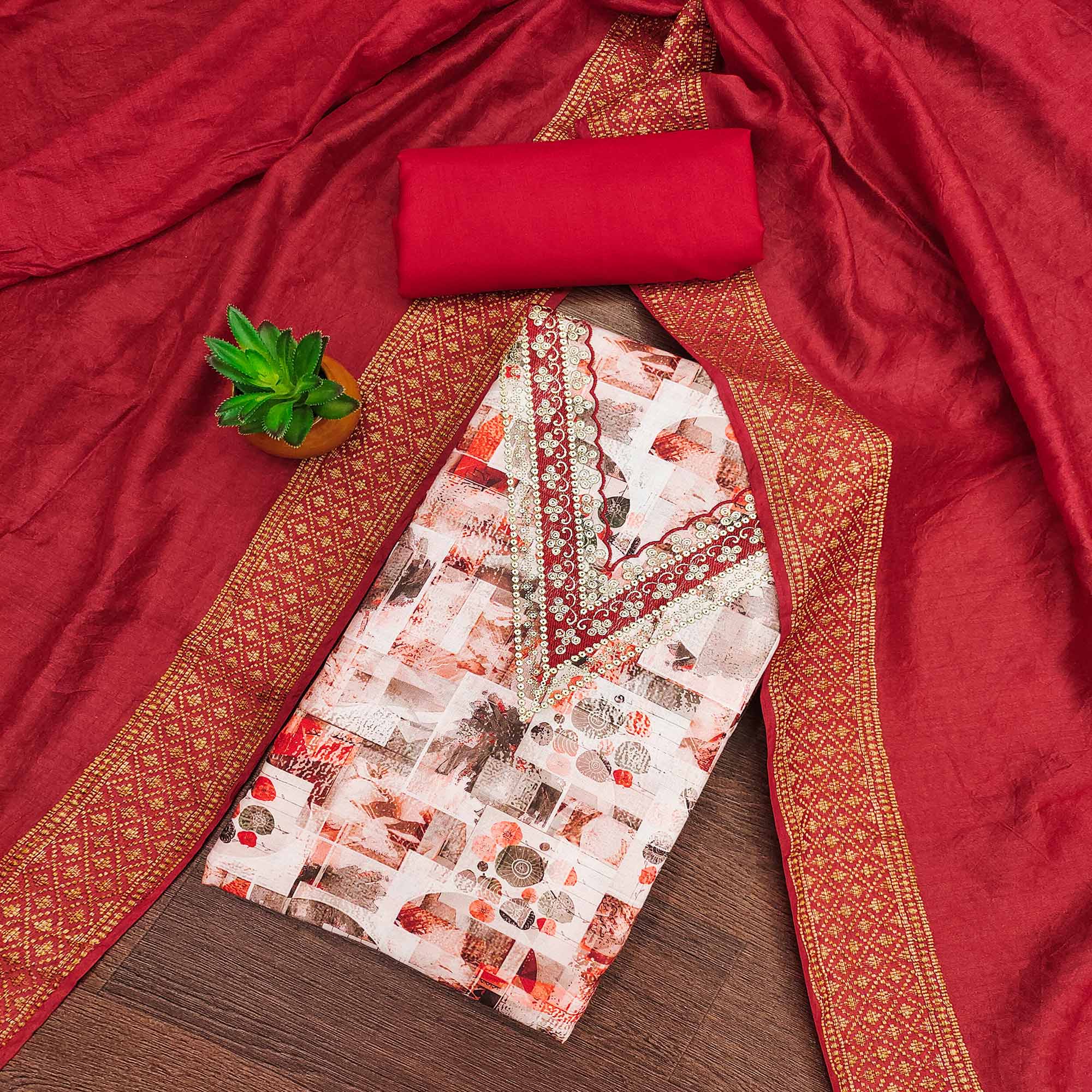 Red Digital Printed Cotton Blend Dress Material With Intricate Neck Embroidery