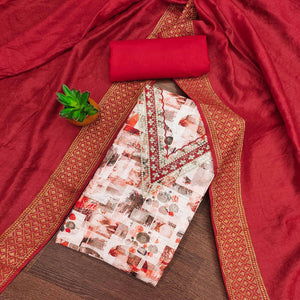Red Digital Printed Cotton Blend Dress Material With Intricate Neck Embroidery