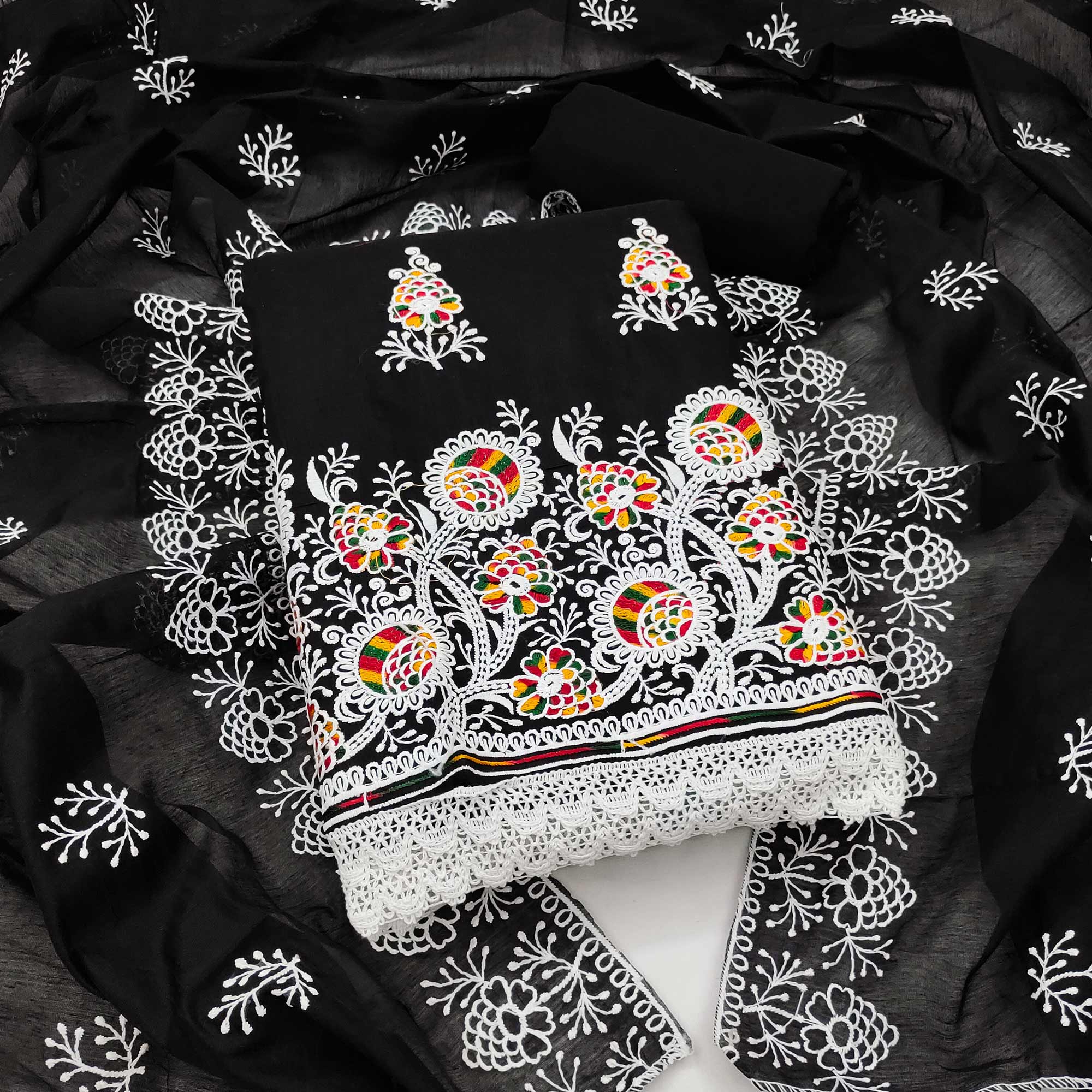 Black Floral Embroidered Chanderi Cotton Dress Material