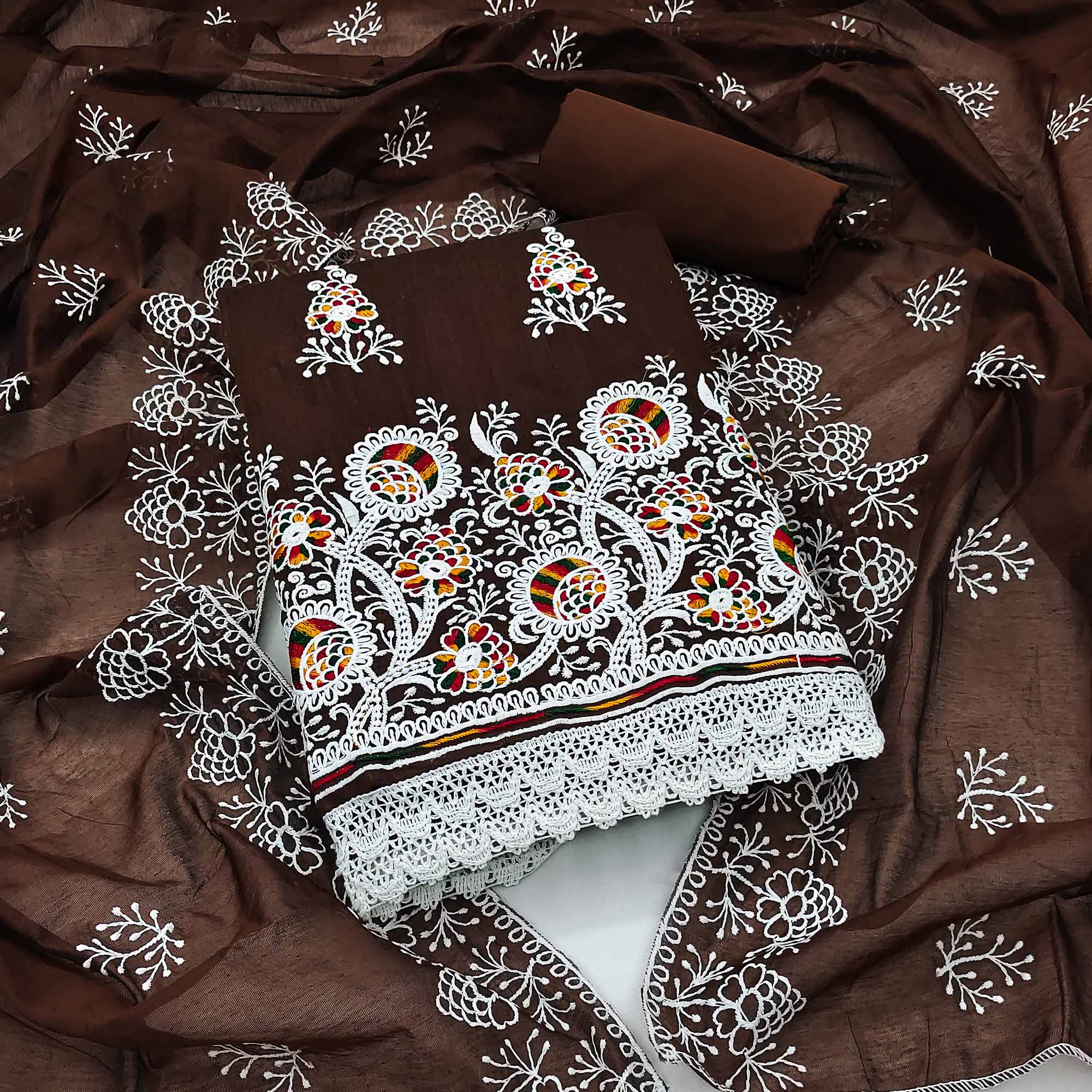 Brown Floral Embroidered Chanderi Cotton Dress Material