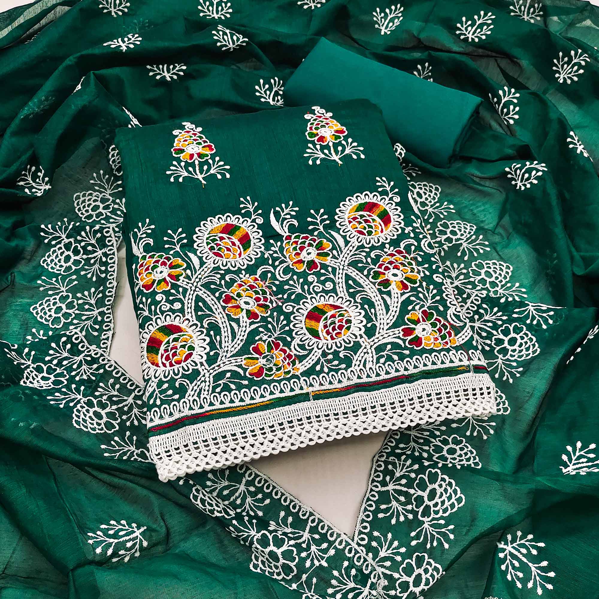 Bottle Green Chanderi Cotton Dress Material with Elegant Floral Thread Embroidery