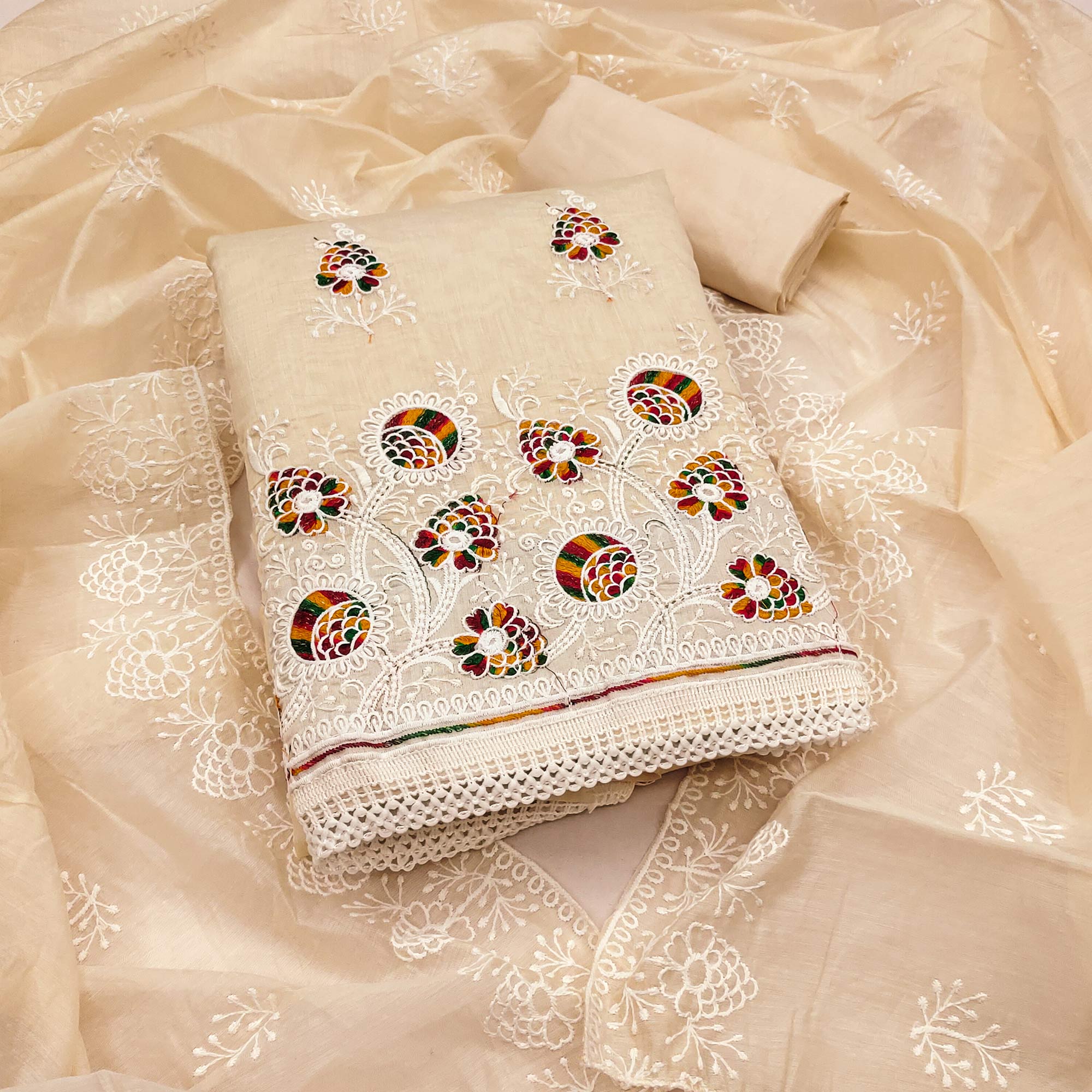 Cream Chanderi Cotton Dress Material with Elegant Floral Thread Embroidery