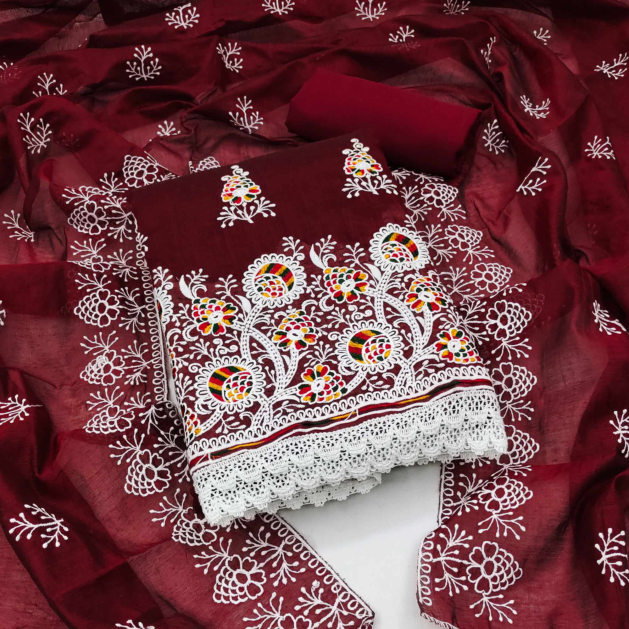 Maroon Floral Embroidered Chanderi Cotton Dress Material