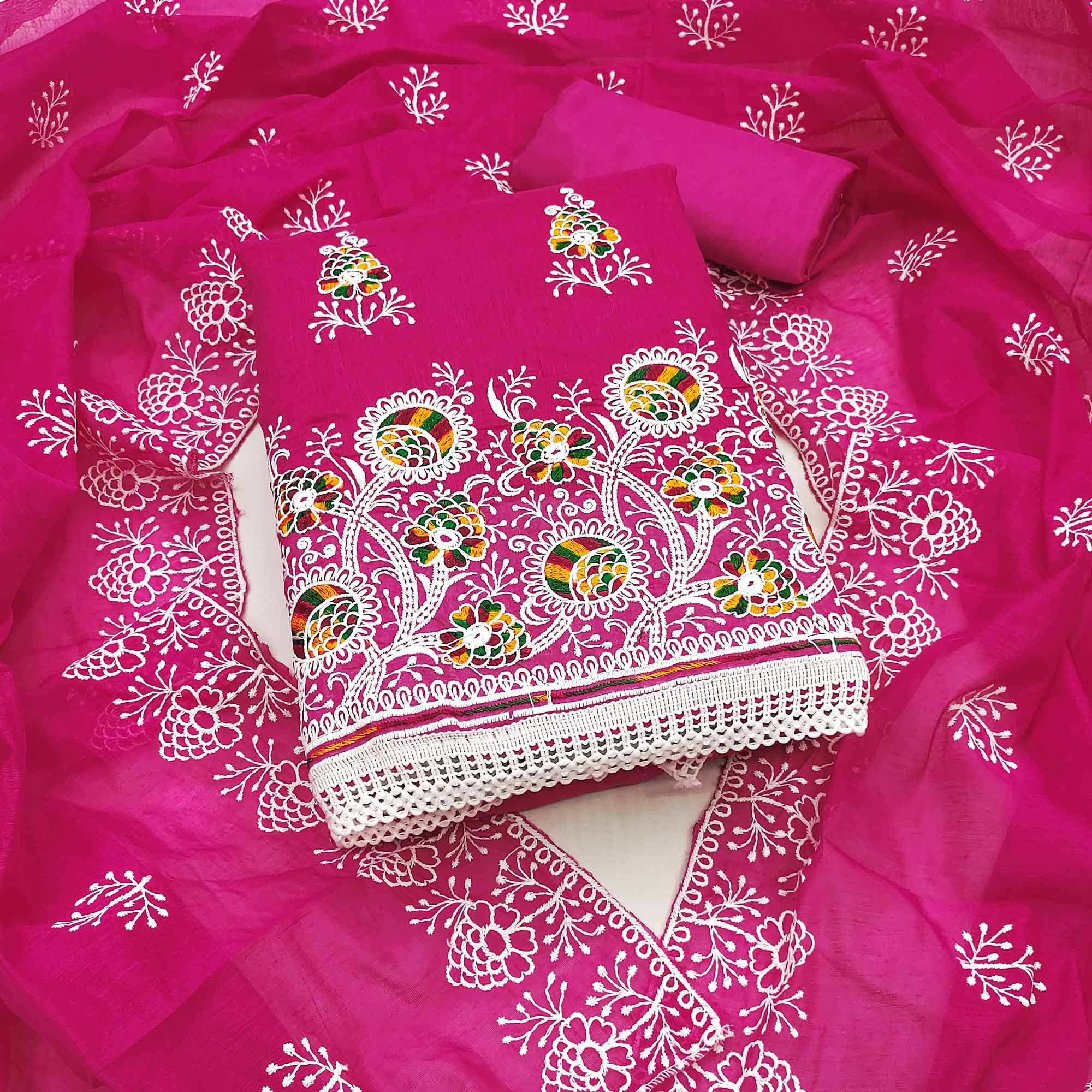 Rani Pink Chanderi Cotton Dress Material with Elegant Floral Thread Embroidery