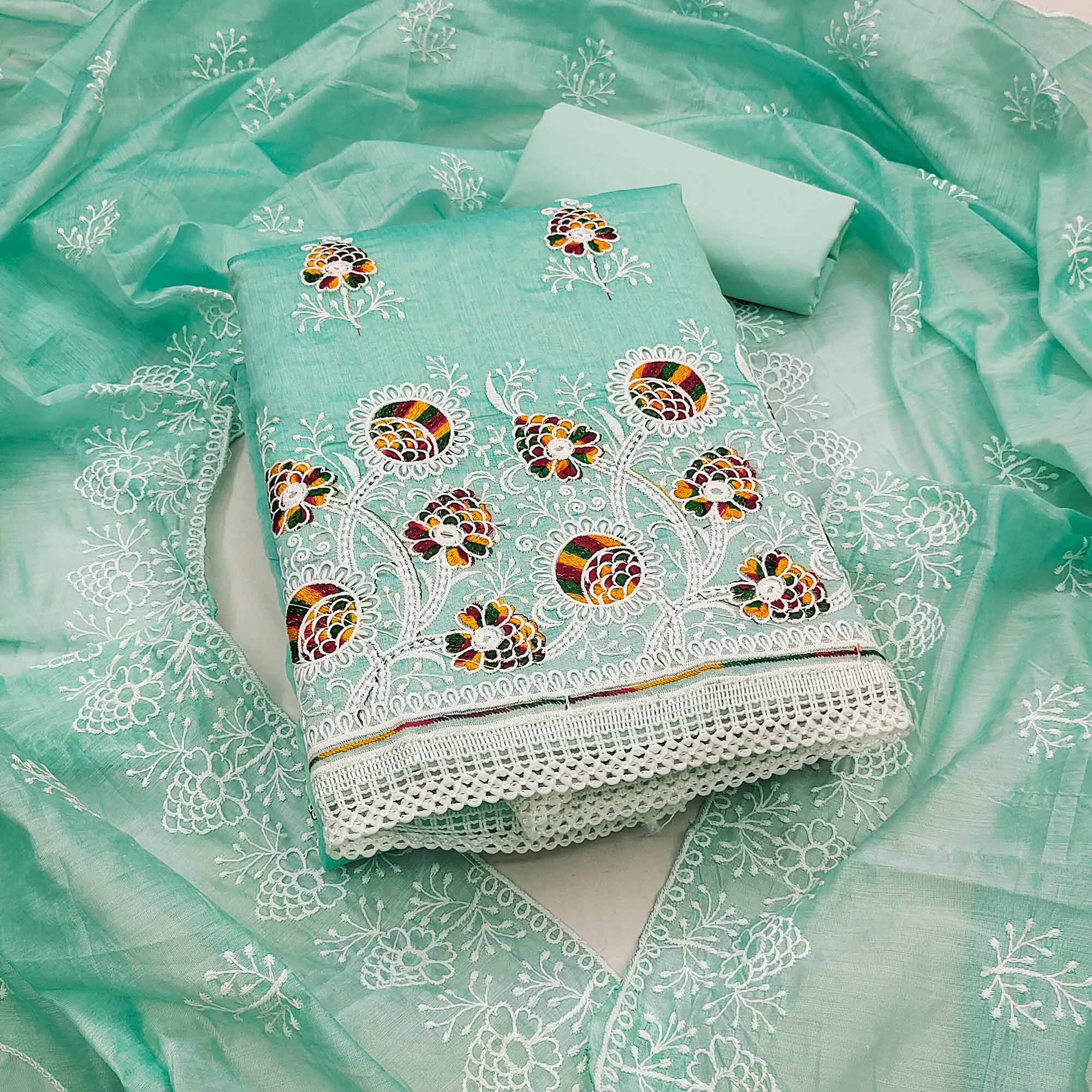 Turquoise Chanderi Cotton Dress Material with Elegant Floral Thread Embroidery