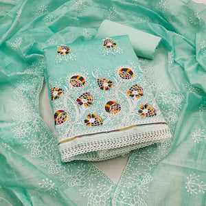 Turquoise Chanderi Cotton Dress Material with Elegant Floral Thread Embroidery