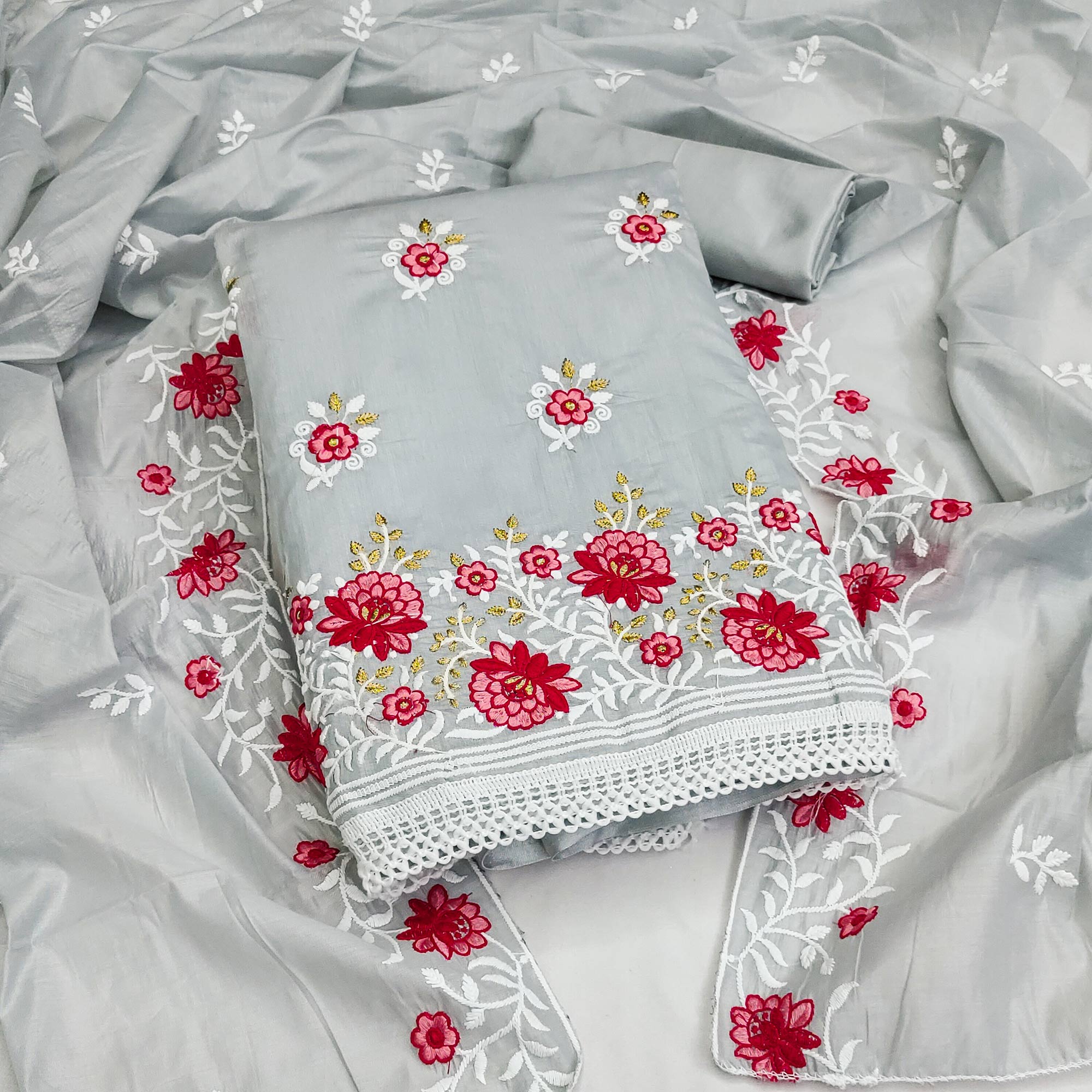 Grey Floral Embroidered Chanderi Cotton Dress Material