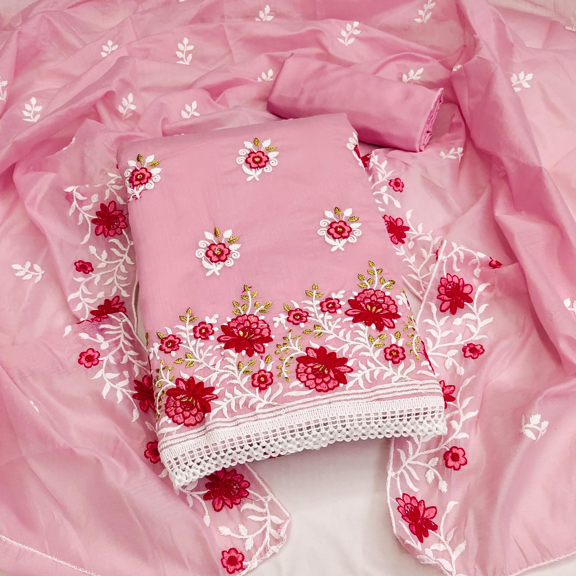 Pink Floral Embroidered Chanderi Cotton Dress Material