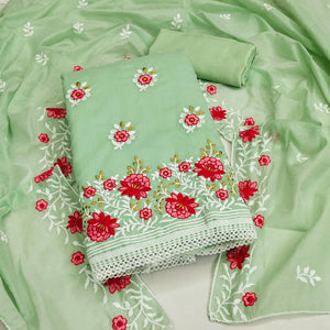 Pista Green Floral Embroidered Chanderi Cotton Dress Material