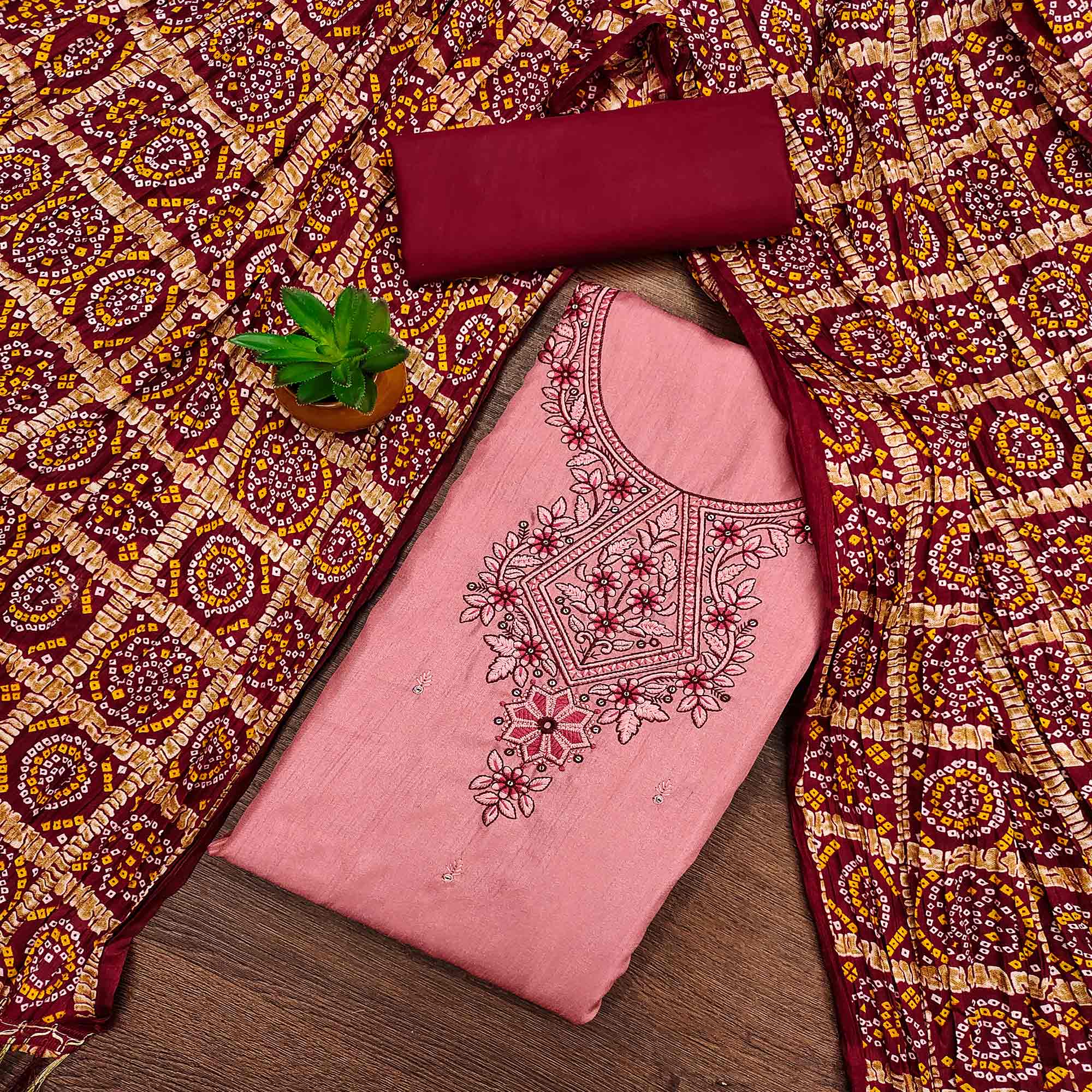 Gajari Pink Floral Sequins Embroidered Cotton Silk Dress Material
