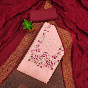 Peach Floral Sequins Embroidered Cotton Silk Dress Material