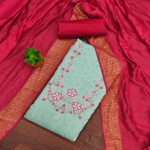 Turquoise Floral Sequins Embroidered Cotton Silk Dress Material