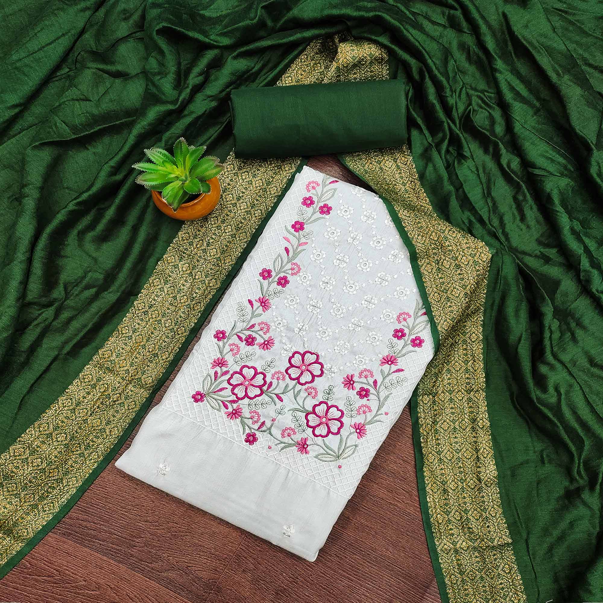 White Floral Sequins Embroidered Cotton Silk Dress Material