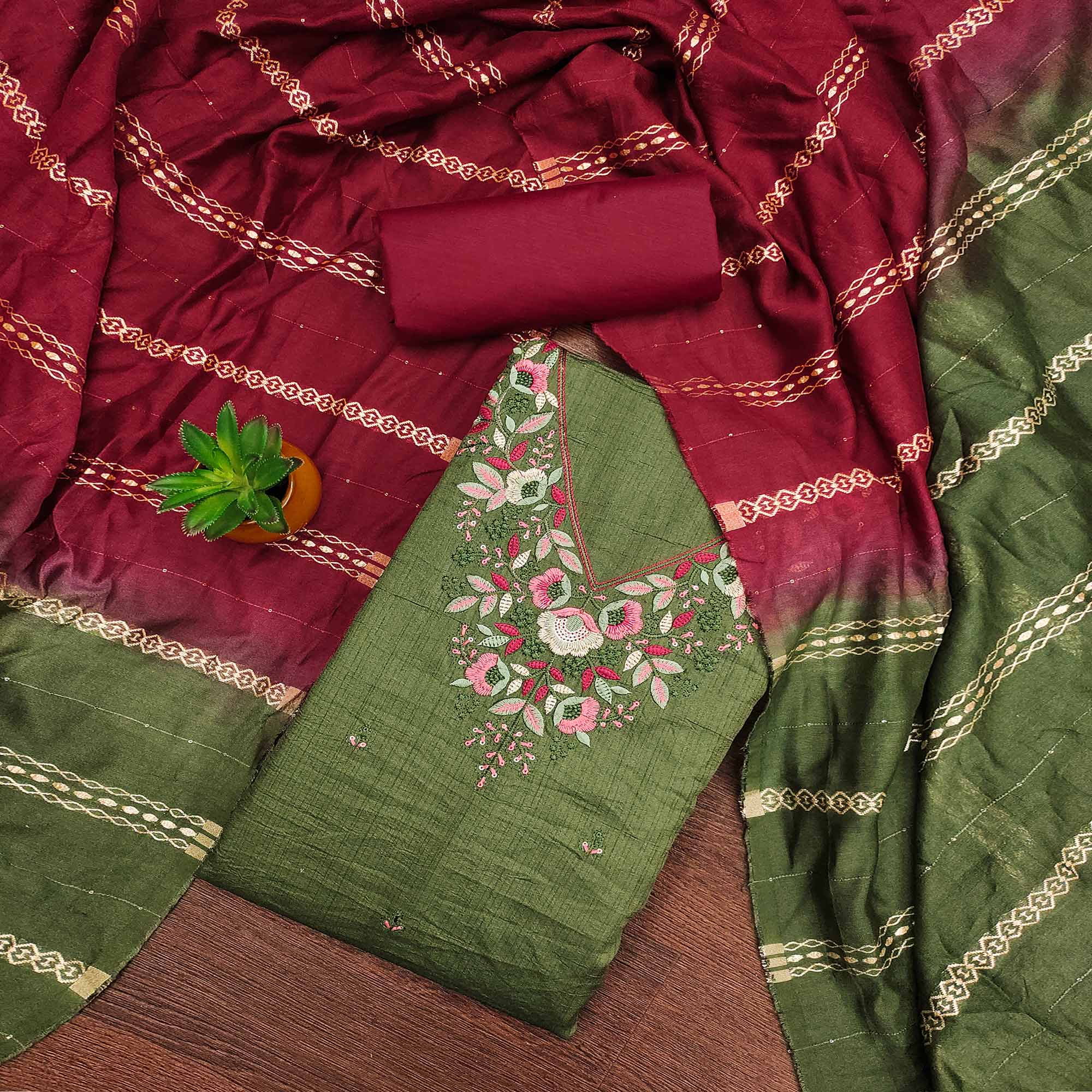 Green Floral Sequins Embroidered Cotton Silk Dress Material